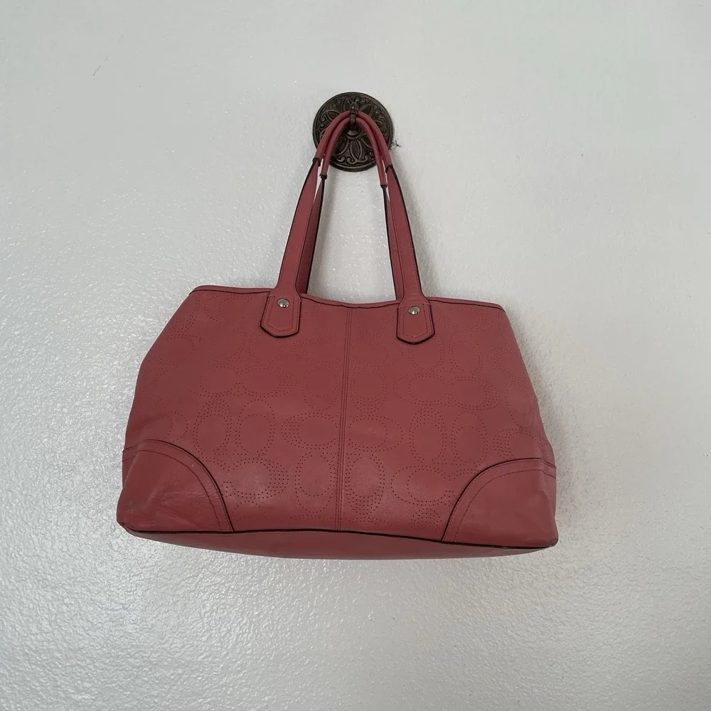 Coach 19681 Perforated Leather Carryall Satchel‎ Shoulder Bag Tote Coral Pink